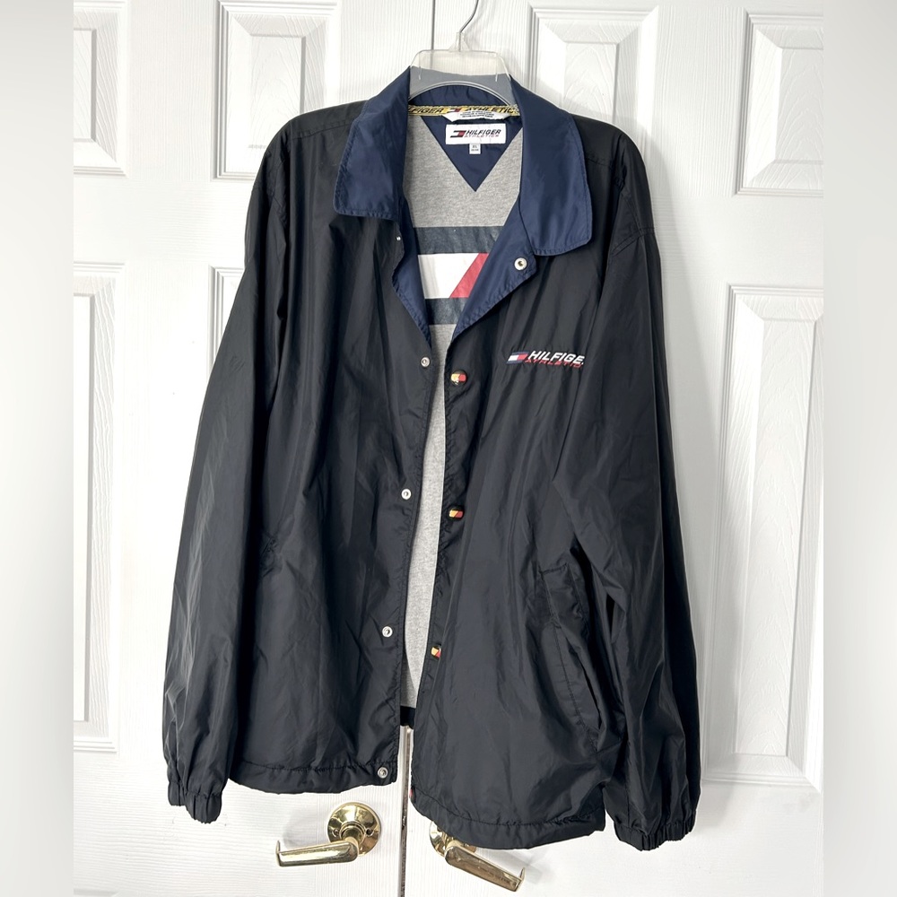 Tommy Hilfiger Vintage Windbreaker  Mens XL Black Navy Logo Button Up Collared